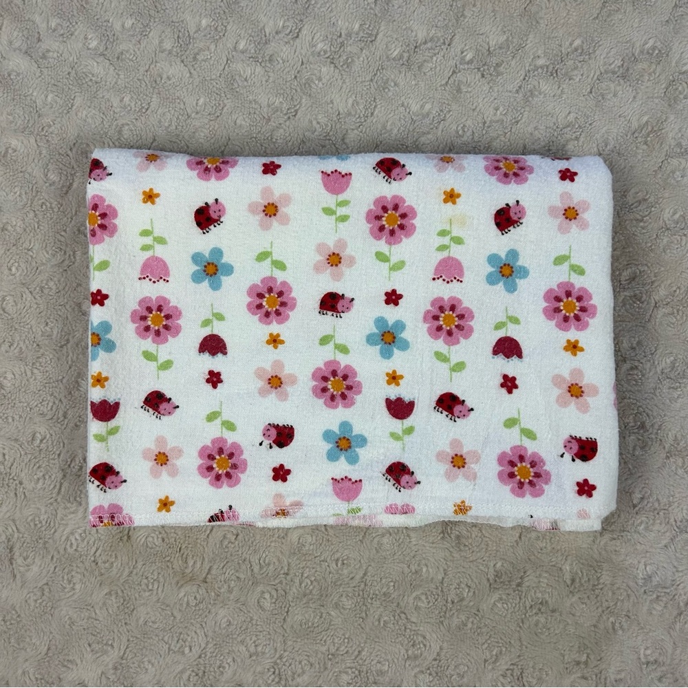 Carter's Floral Ladybug Baby Blanket Flannel Receiving White Pink Blue Flower